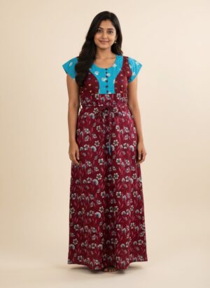 maxi nighty - meroon with blue