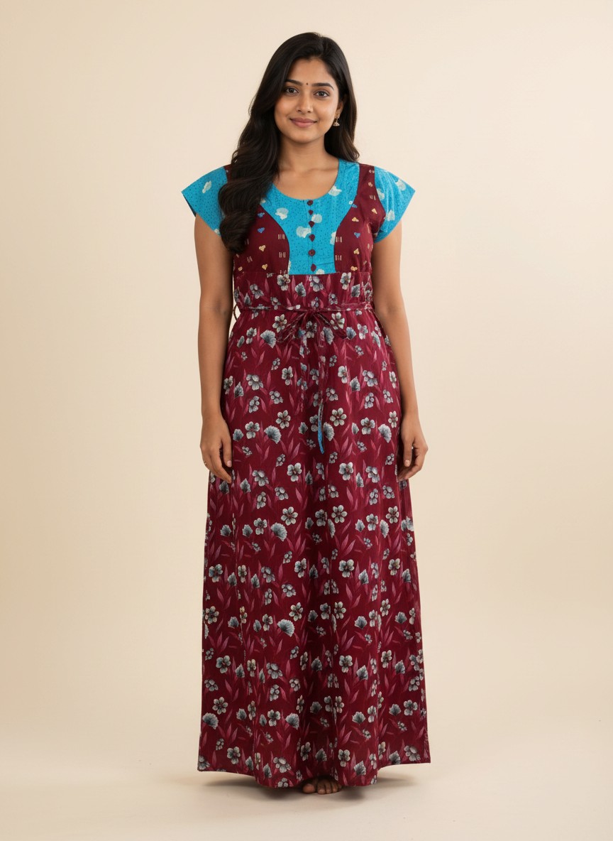 maxi nighty - meroon with blue