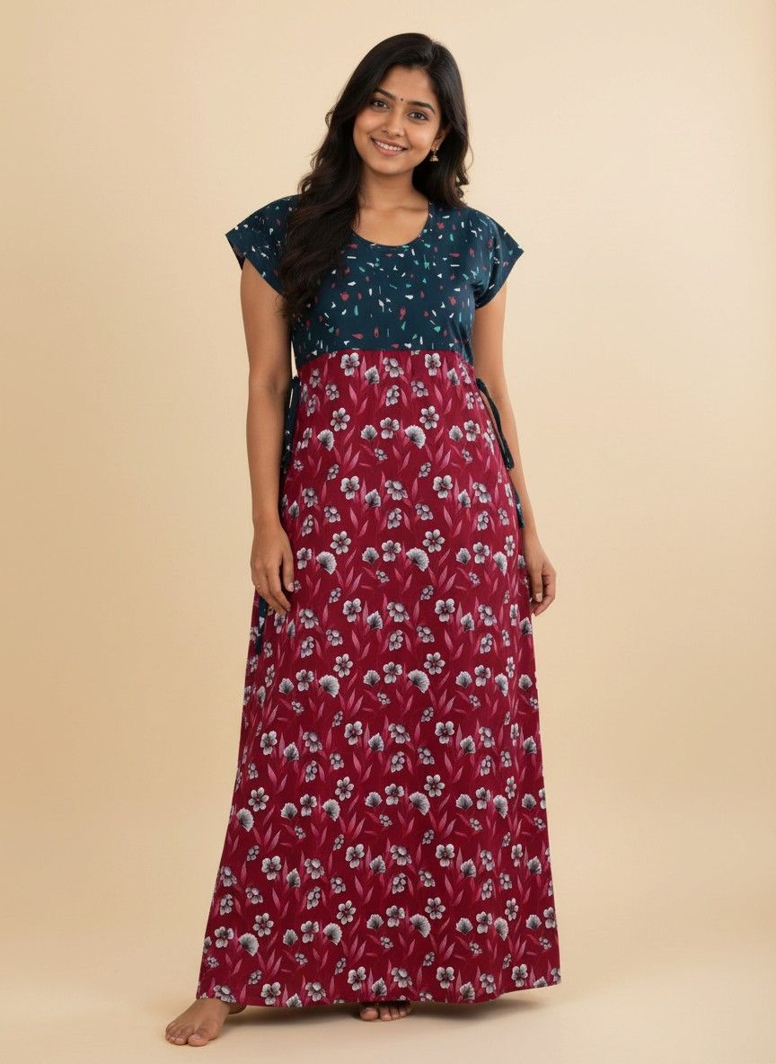 maxi nighty - maroon with blue